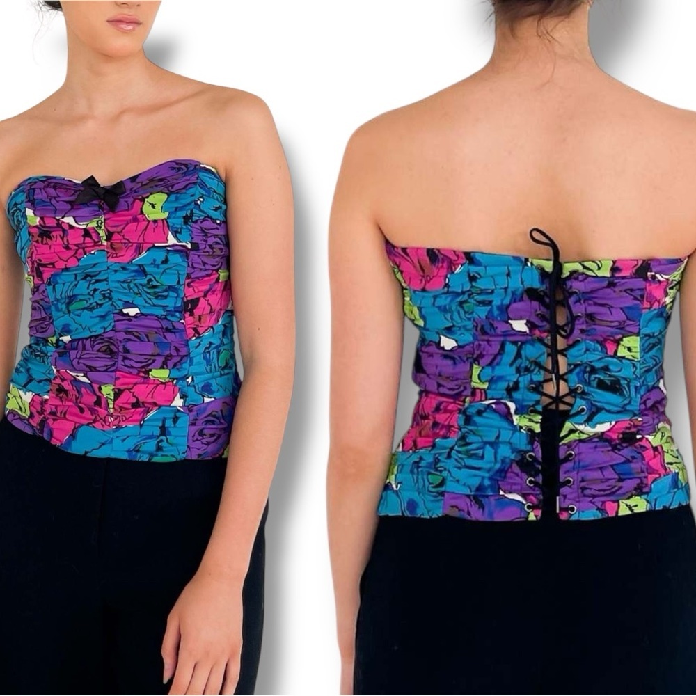 Betsey Johnson Silk pleated Floral Lace Up Corset Bustier sz S